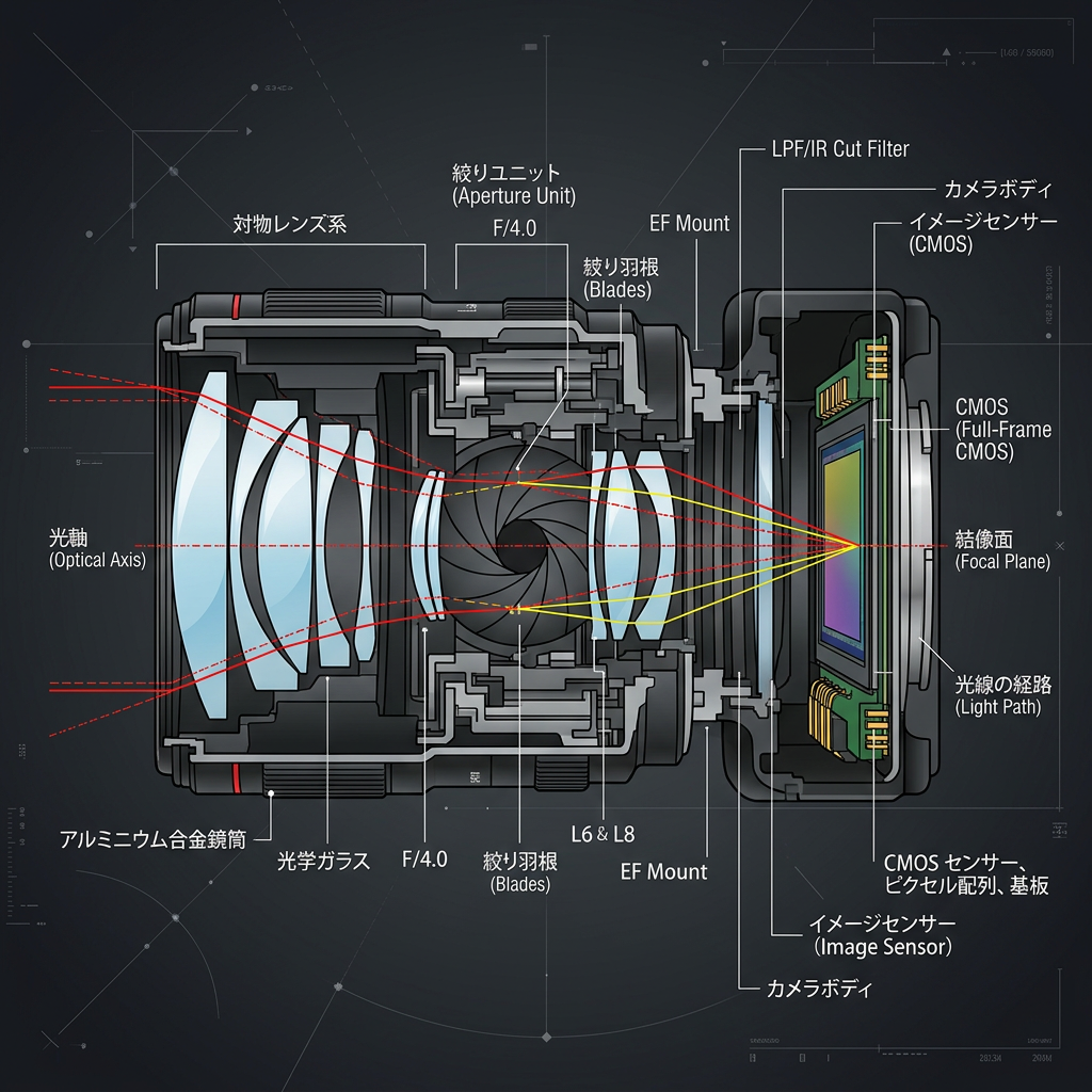 Cutaway camera diagram labeled aperture, EF mount, optical axis, focal plane, and CMOS sensor