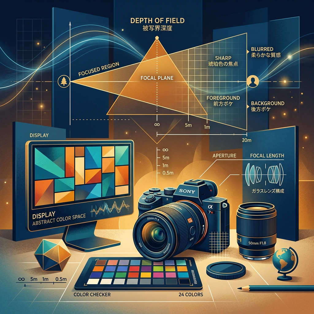 Infographic text: DEPTH OF FIELD 被写界深度, FOCUSED REGION, FOCAL PLANE, SHARP 琥珀色の焦点, BLURRED 柔らかな質感, FOREGROUND 前方ボケ, BACKGROUND 後方ボケ, DISPLAY, DISPLAY ABSTRACT COLOR SPACE, APERTURE, FOCAL LENGTH, ガラスレンズ構成, COLOR CHECKER, 24 COLORS, SONY, 50mm F1.8, ∞, 5m, 1m, 0.5m, 20m, 8, and a camera with lens, monitor, color chart, globe, and geometric diagrams.